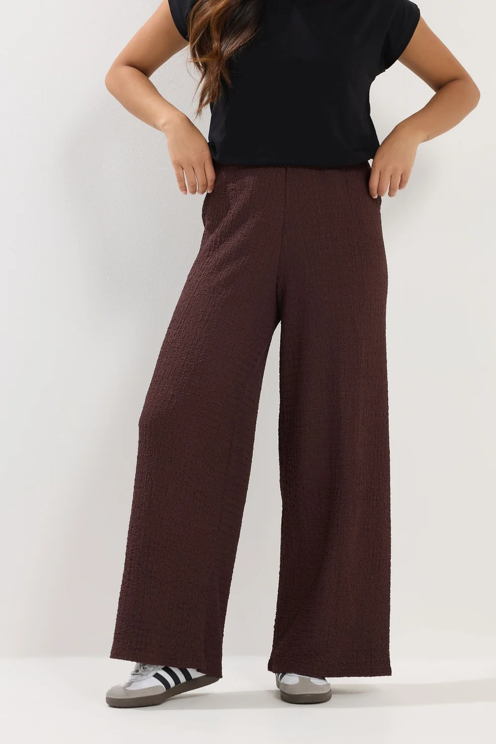 PixieGirl Petite Chocolate Brown Textured Wide Leg Trousers - 10/L27 Image 2