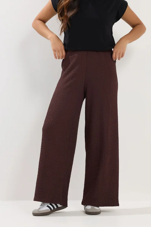 PixieGirl Petite Chocolate Brown Textured Wide Leg Trousers - 10/L27 Image 2