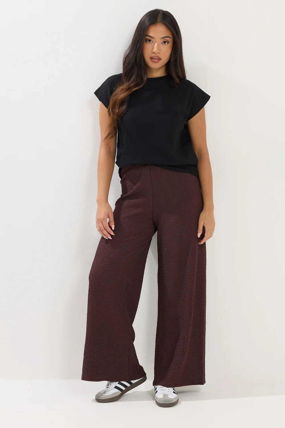 PixieGirl Petite Chocolate Brown Textured Wide Leg Trousers - 10/L27 Image 1