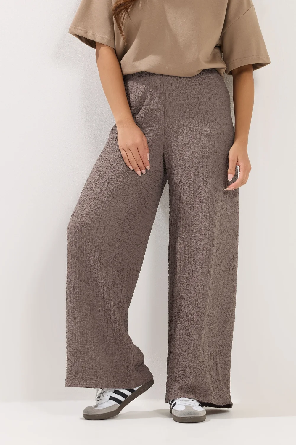 PixieGirl Petite Light Brown Textured Wide Leg Trousers - 10/L27 Image 2