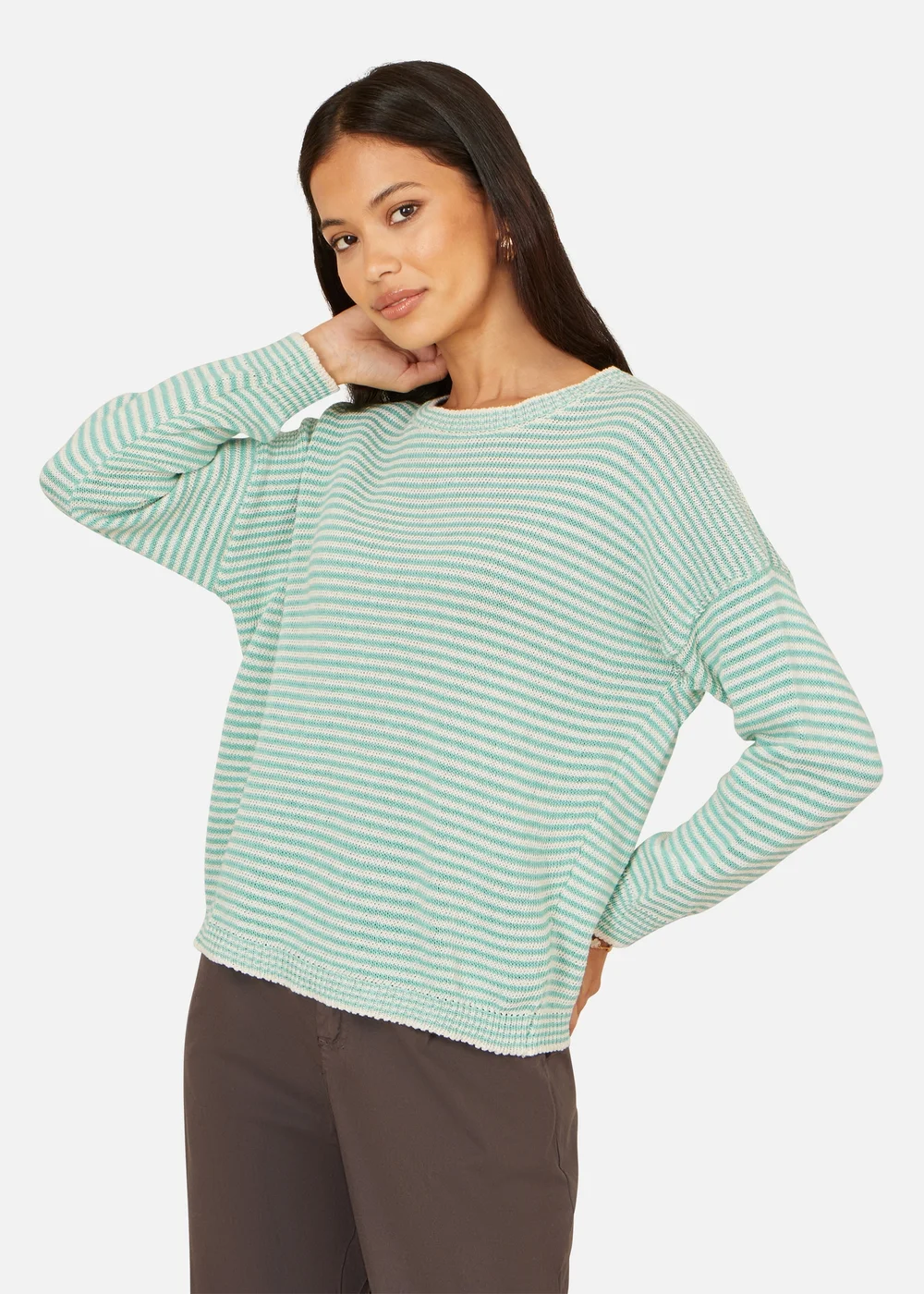 Yumi Sea Green Knitted Stripe Relaxed Jumper - S Image 1