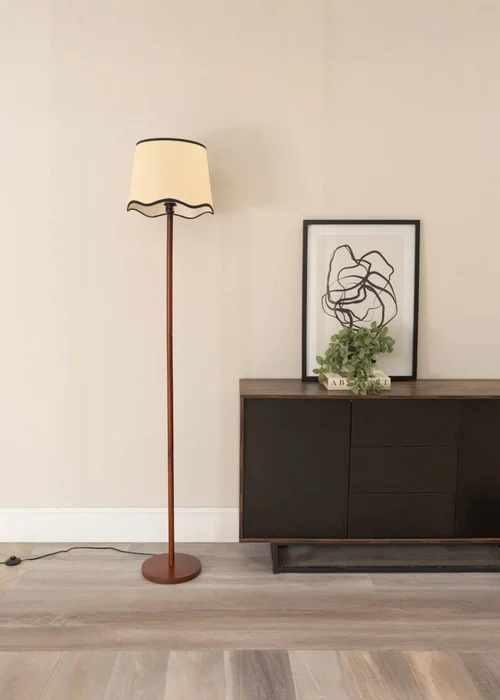 ValueLights Heather Dark Wood Floor Lamp with Scallop Lampshade - One Size Image 1