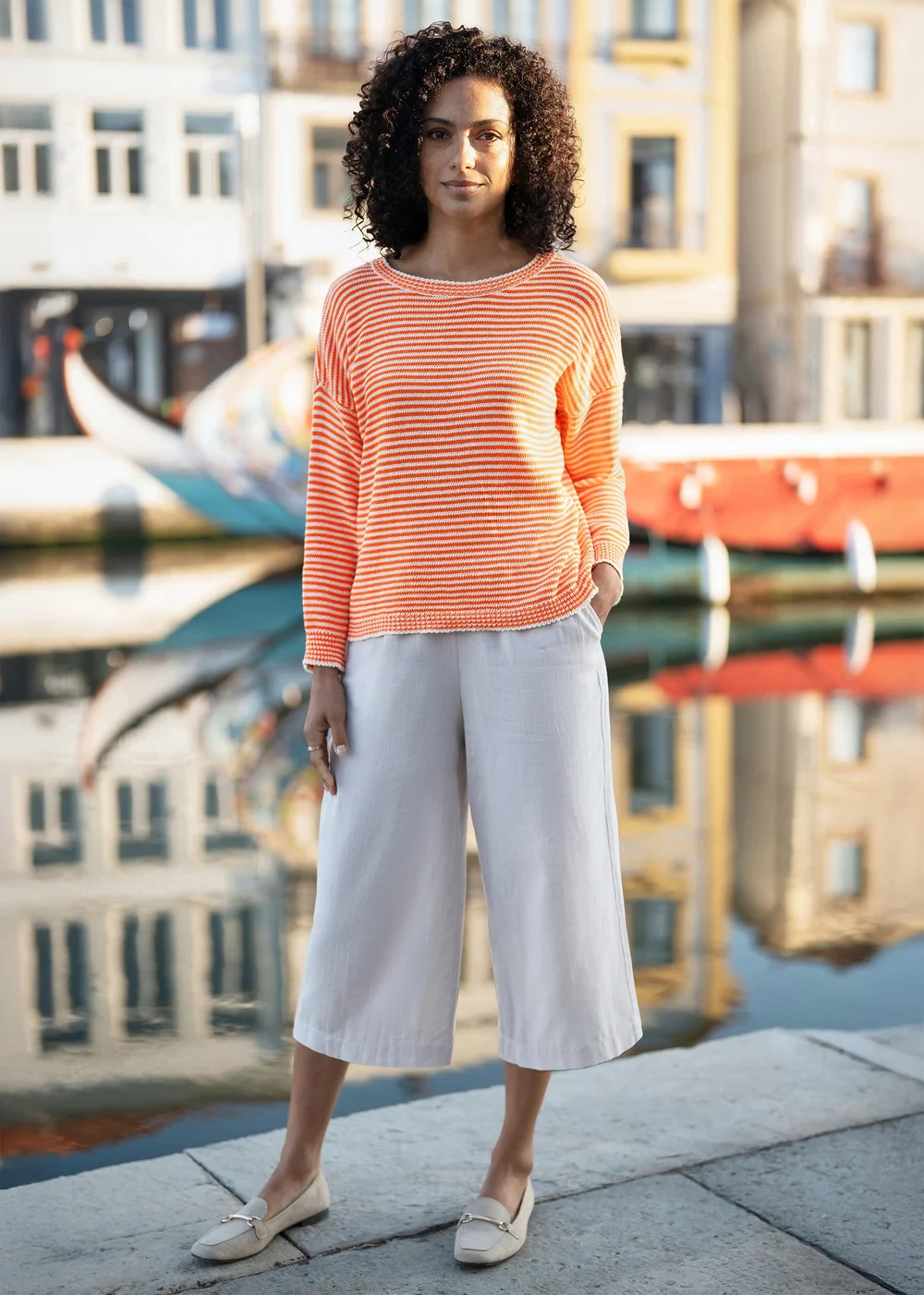 Yumi Orange Knitted Stripe Relaxed Jumper - L Image 2