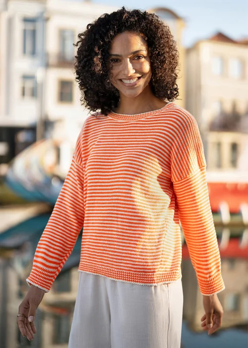 Yumi Orange Knitted Stripe Relaxed Jumper - L Image 3