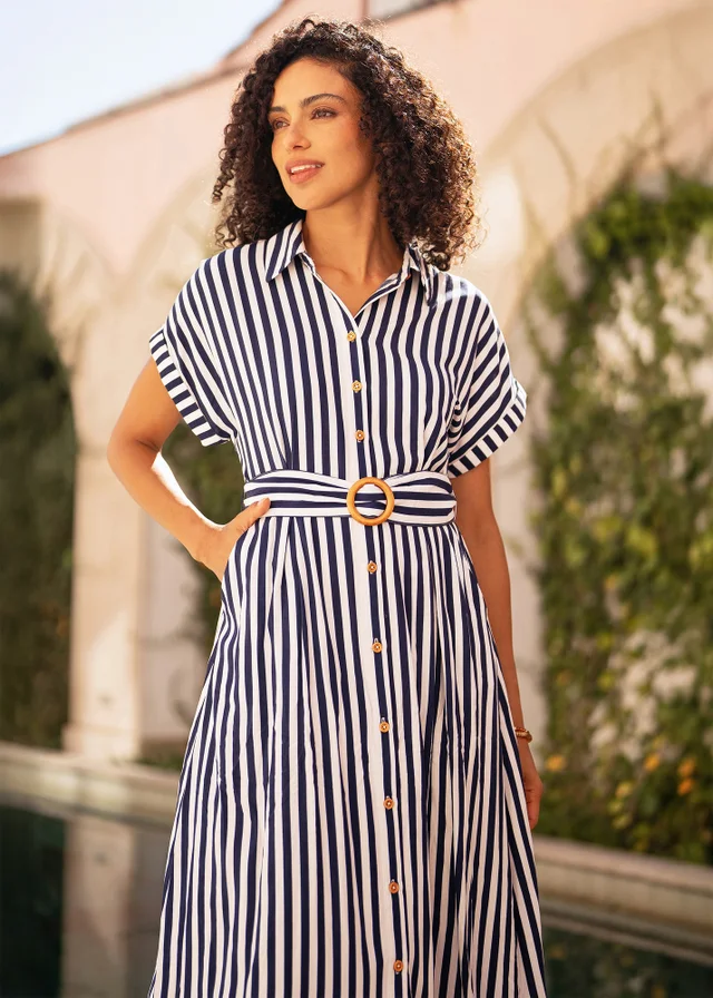 Yumi Navy Stripe Print Relaxed Midi Shirt Dress With Belt