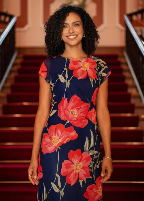 Yumi Navy Poppy Print Midi Mesh Dress - 16 Image 2