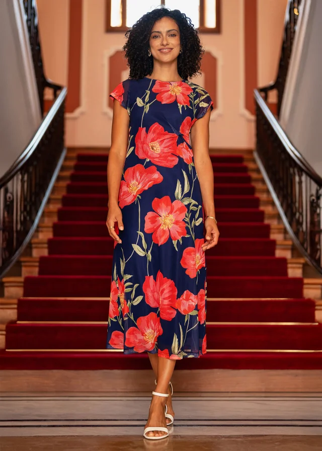 Yumi Navy Poppy Print Midi Mesh Dress
