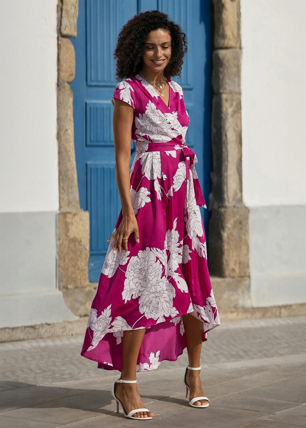 Yumi Pink Blossom Print Wrap Midi With Dipped Hem - 18 Image 1