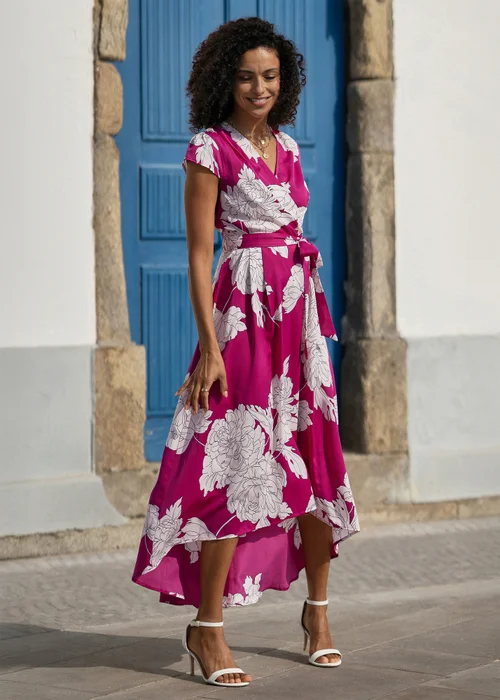 Yumi Pink Blossom Print Wrap Midi With Dipped Hem - 18 Image 1