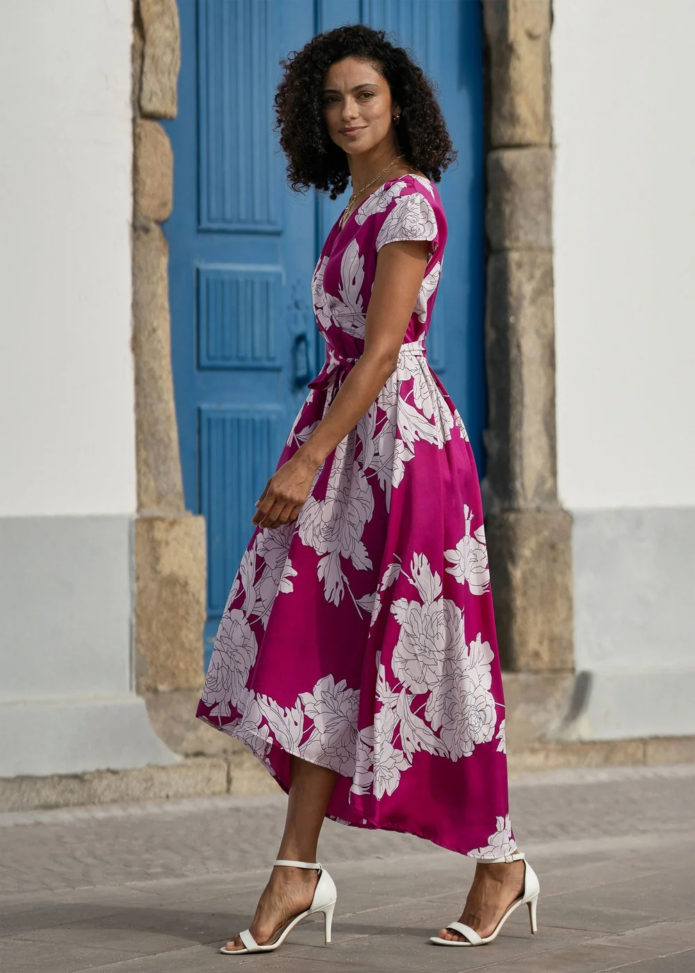 Yumi Pink Blossom Print Wrap Midi With Dipped Hem - 18 Image 4