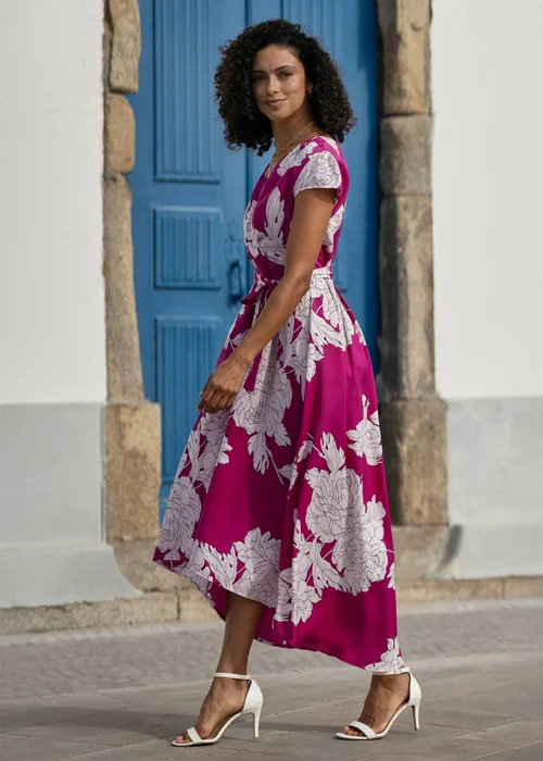 Yumi Pink Blossom Print Wrap Midi With Dipped Hem - 18 Image 4
