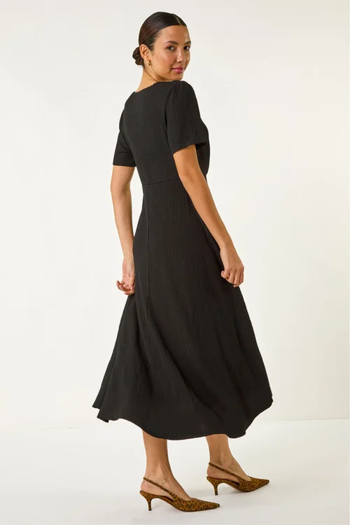 Roman Black Textured Wrap Bodice Midi Dress - 16 Image 3