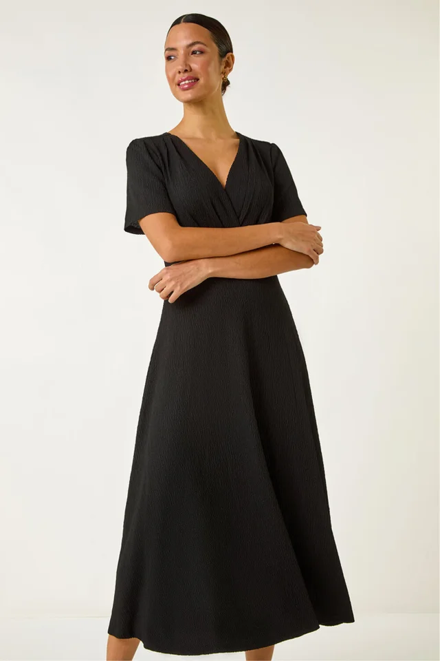 Roman Black Textured Wrap Bodice Midi Dress