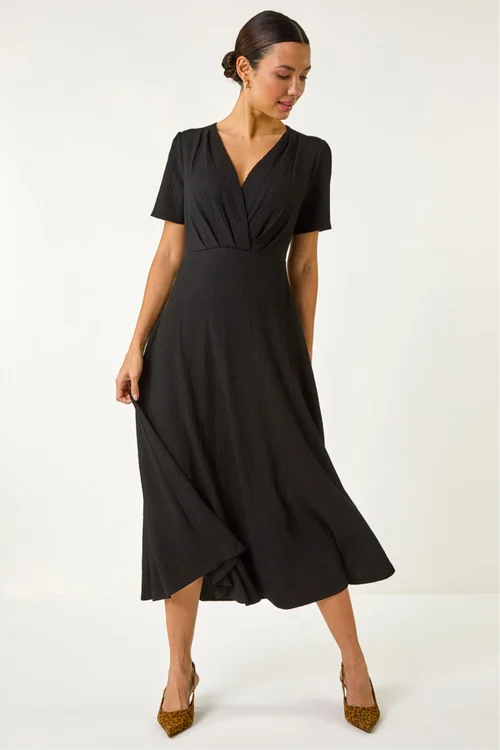 Roman Black Textured Wrap Bodice Midi Dress - 16 Image 1