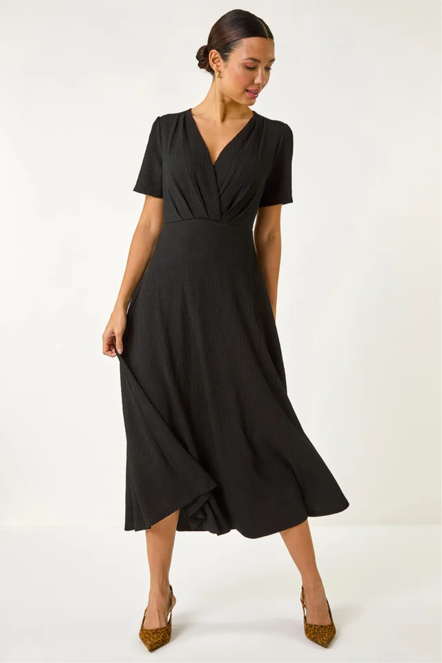 Roman Black Textured Wrap Bodice Midi Dress
