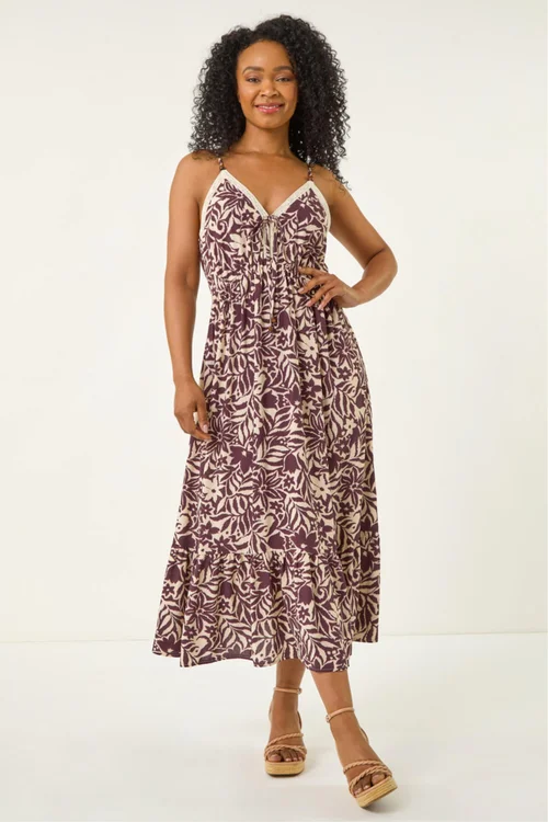 Roman Chocolate Petite Abstract Crochet Trim Dress - 16 Image 2