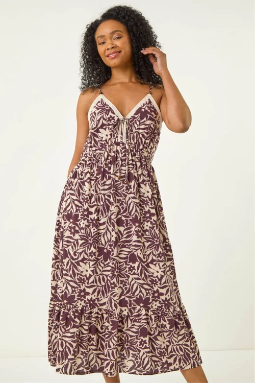 Roman Chocolate Petite Abstract Crochet Trim Dress - 16 Image 4