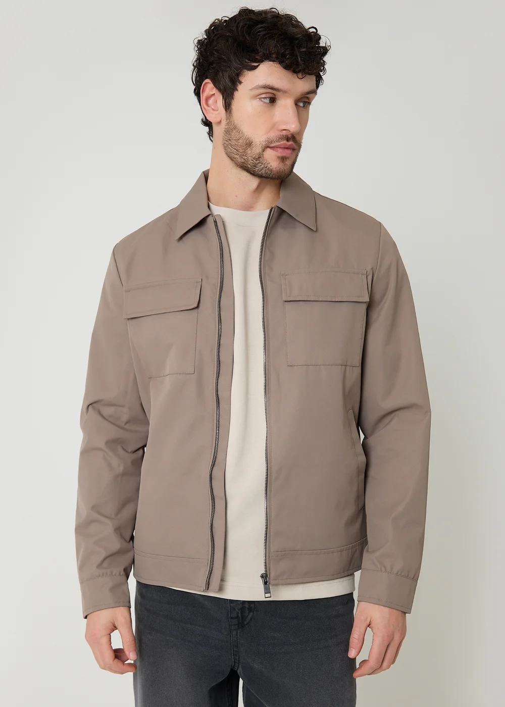 Threadbare Taupe Showerproof Lightweight Zip Up Jacket - M Image 1