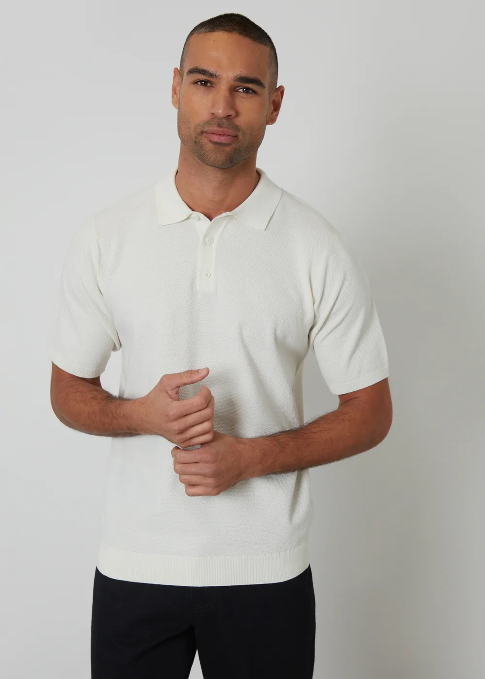 Threadbare Natural Moss Stitch Knitted Polo - S Image 1
