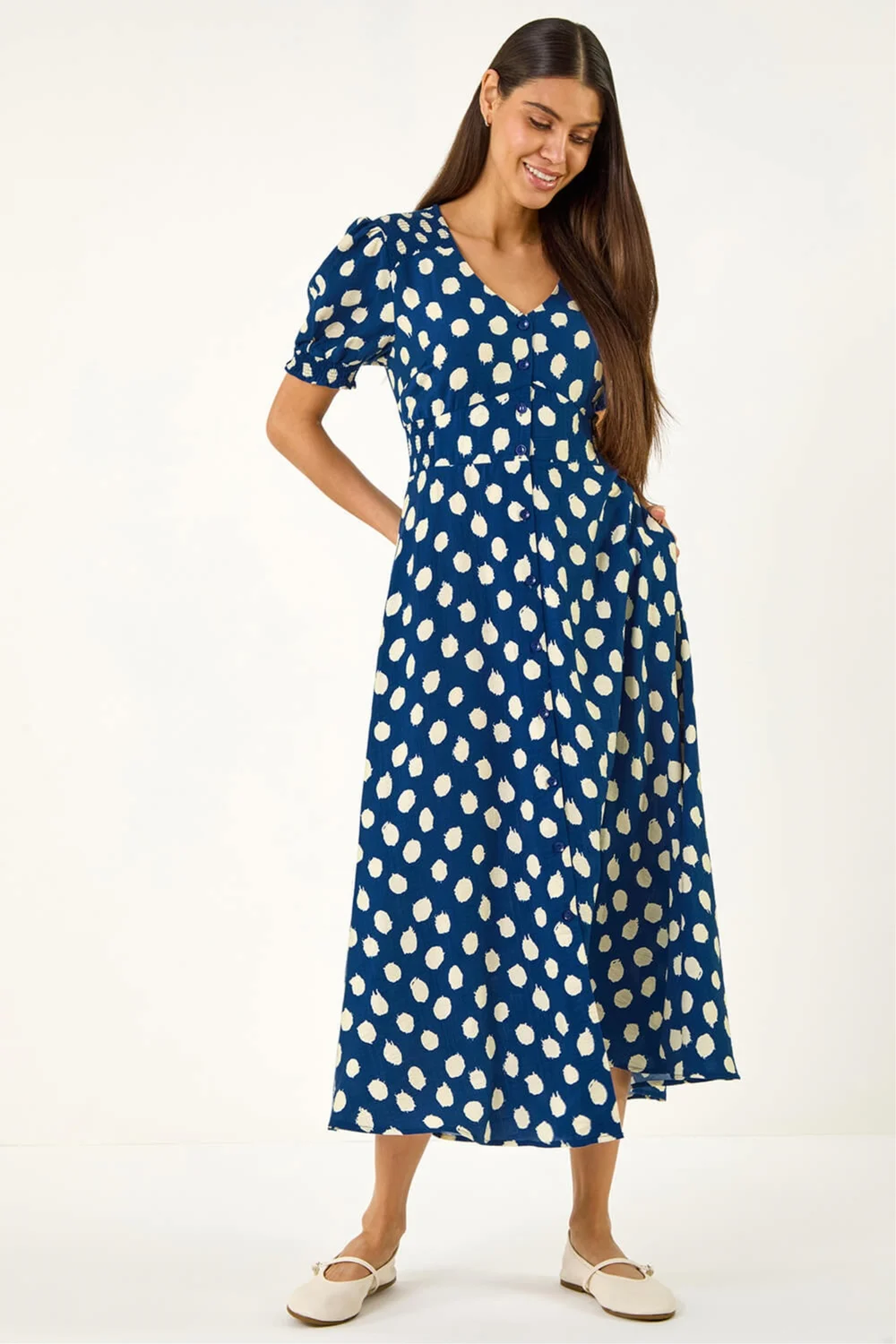 Roman Navy Spot Print Button Midi Dress - 14 Image 1