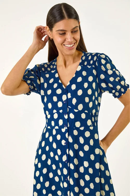 Roman Navy Spot Print Button Midi Dress - 14 Image 4