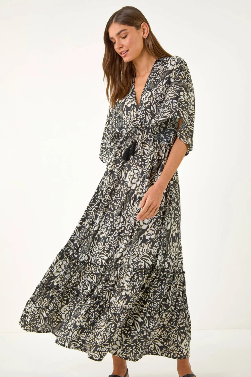 Roman Black Boho Floral Print V-Neck Maxi Dress - 12 Image 1