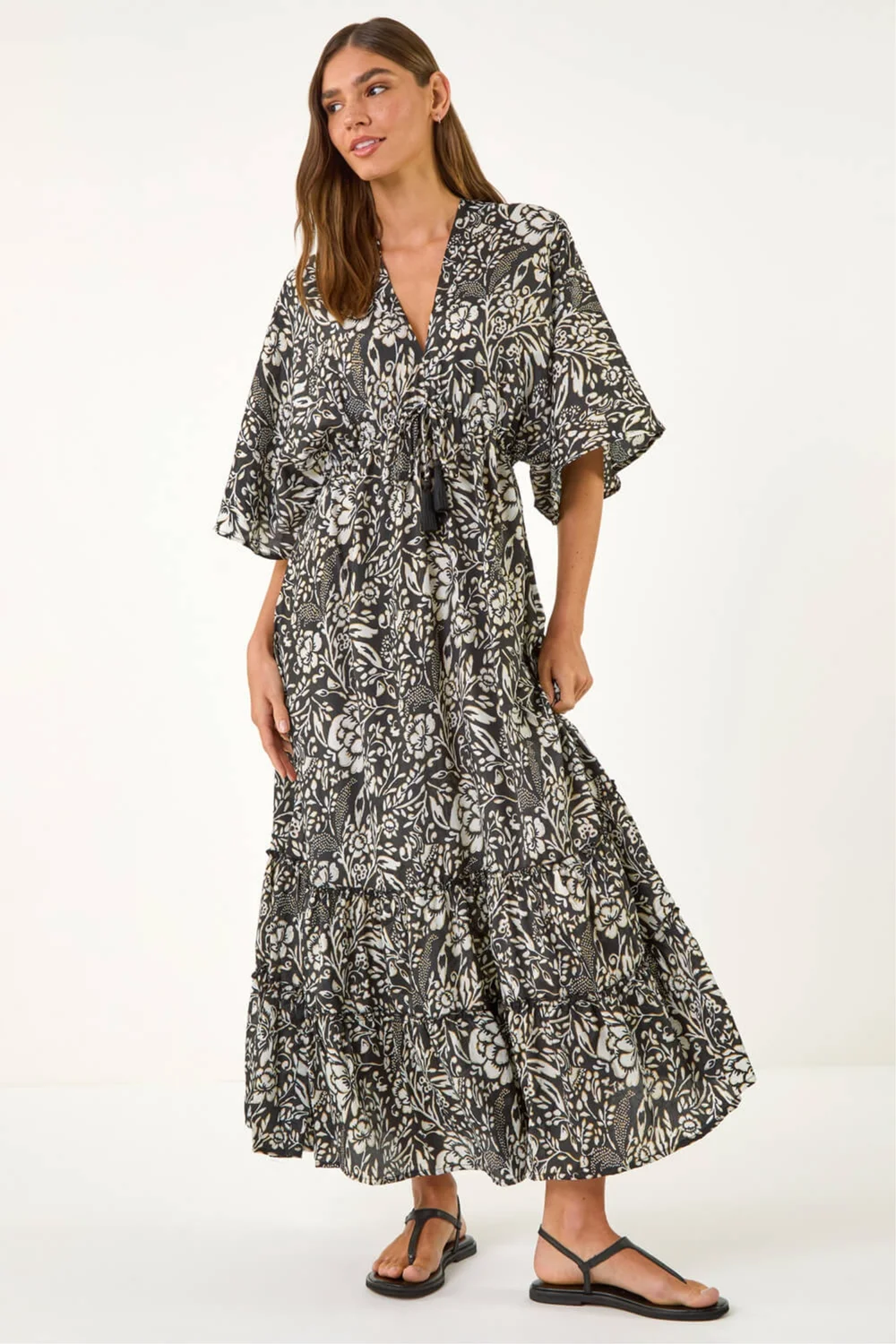 Roman Black Boho Floral Print V-Neck Maxi Dress - 12 Image 2