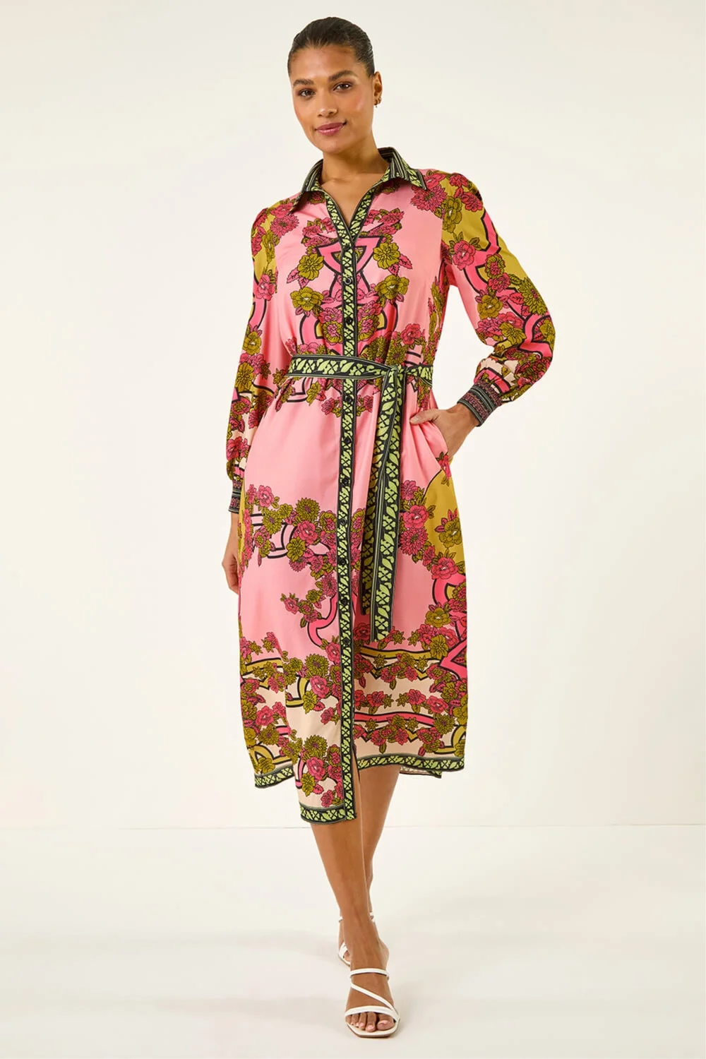 Roman Pink Floral Print Border Shirt Midi Dress - 10 Image 2