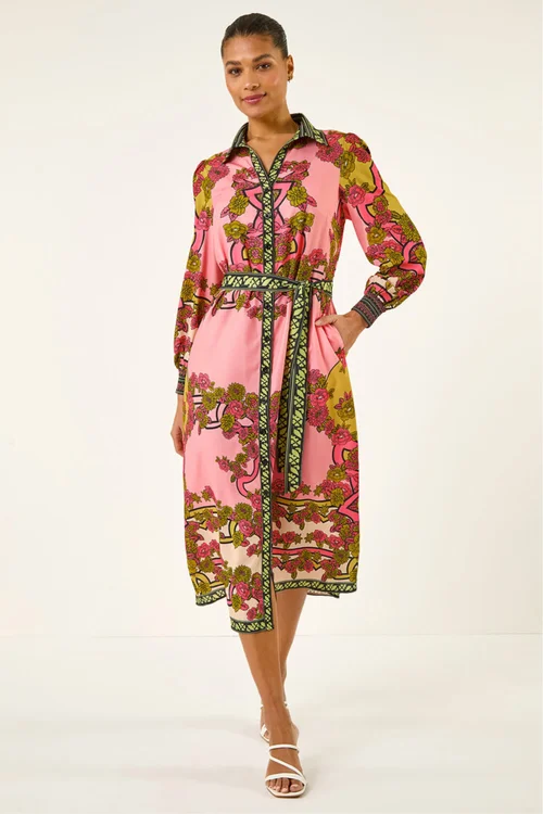 Roman Pink Floral Print Border Shirt Midi Dress - 10 Image 2