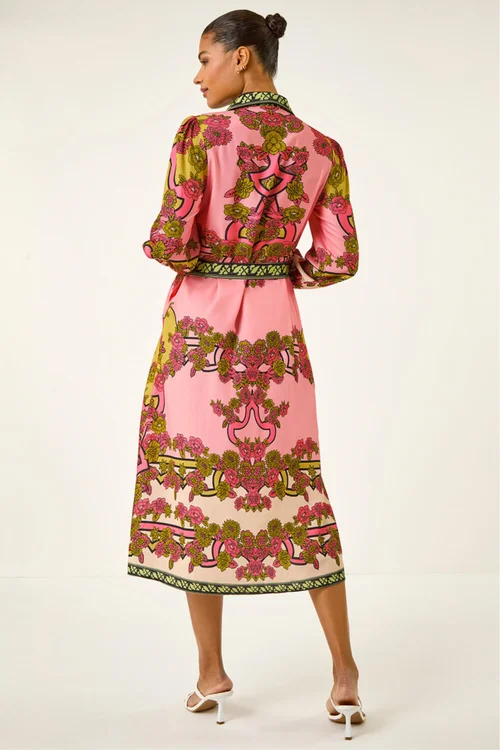 Roman Pink Floral Print Border Shirt Midi Dress - 10 Image 3