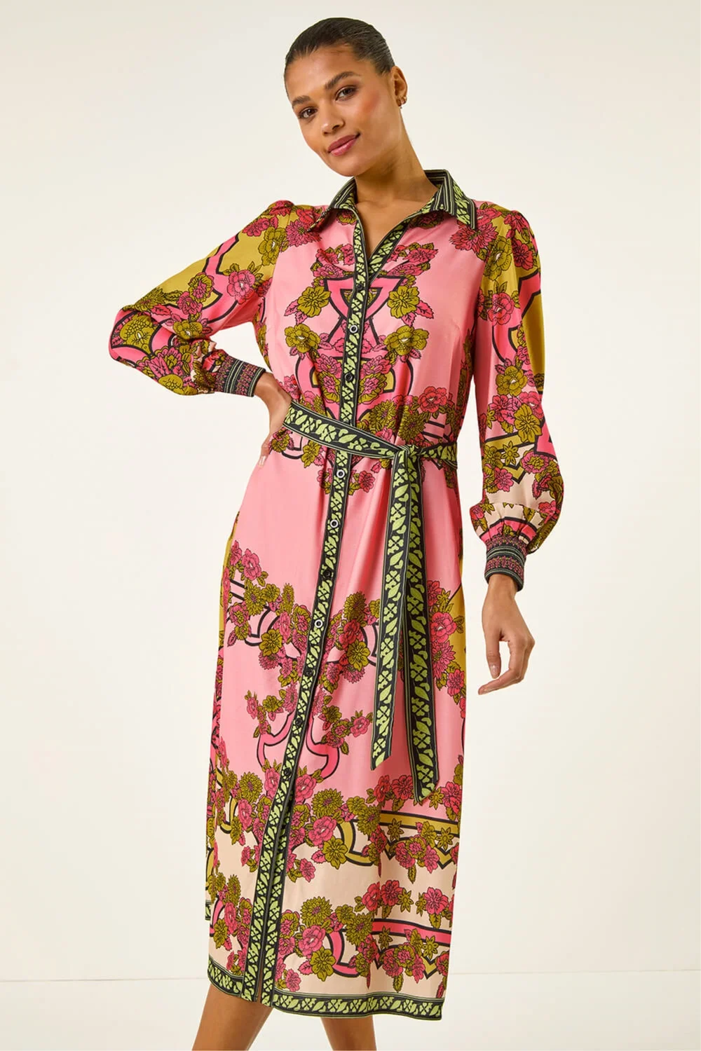 Roman Pink Floral Print Border Shirt Midi Dress - 10 Image 1