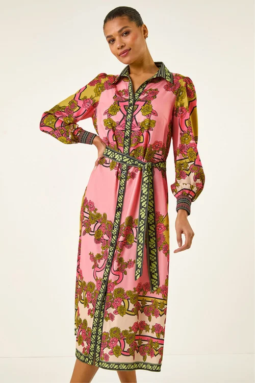Roman Pink Floral Print Border Shirt Midi Dress - 10 Image 1