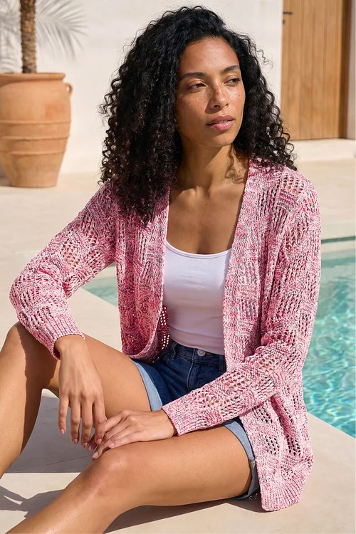 Roman Pink Tape Knit Cotton Blend Cardigan - 14 Image 1
