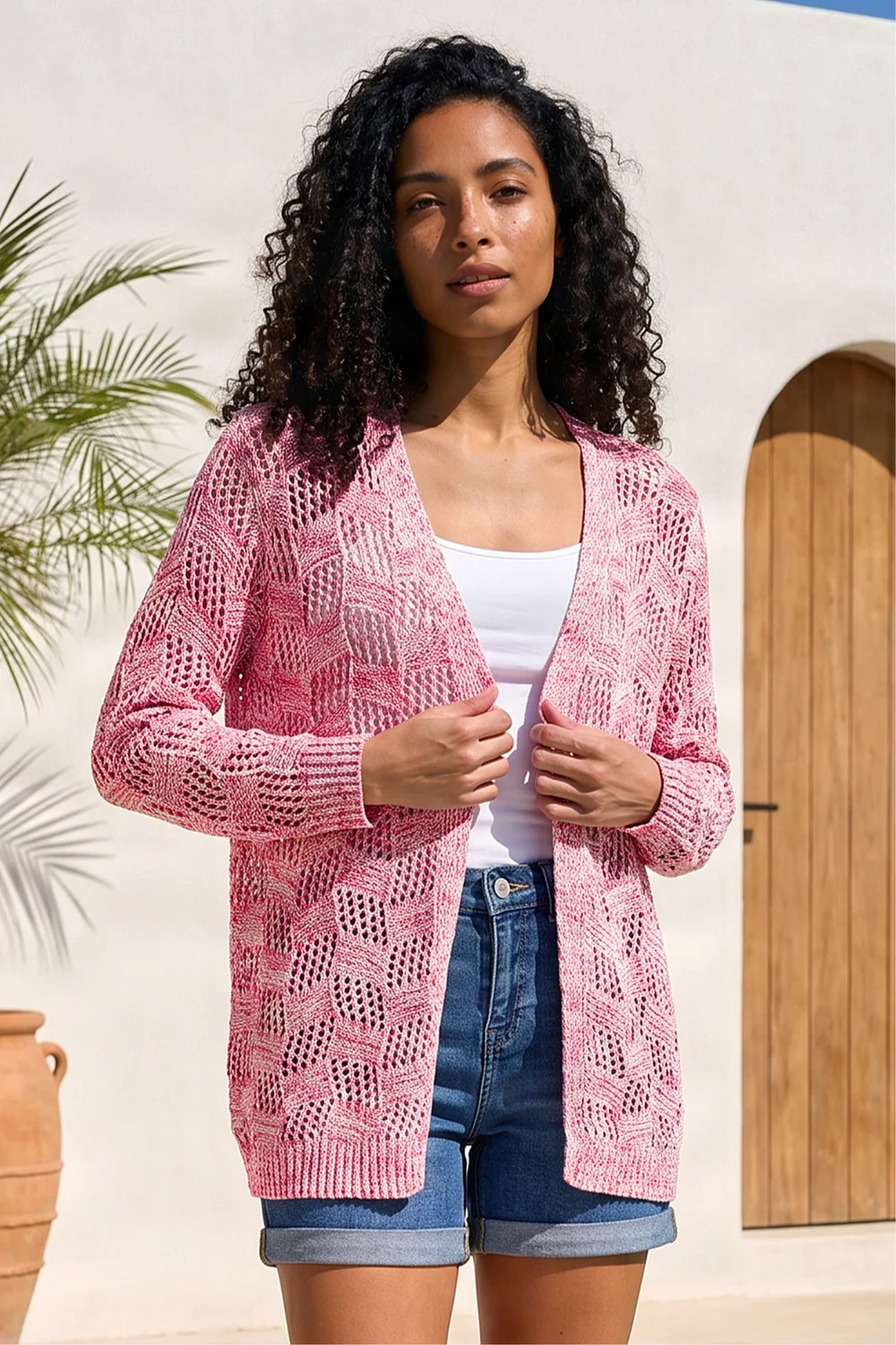 Roman Pink Tape Knit Cotton Blend Cardigan - 14 Image 2
