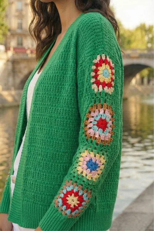 Roman Green Crochet Sleeve Knit Cardigan - 10 Image 4