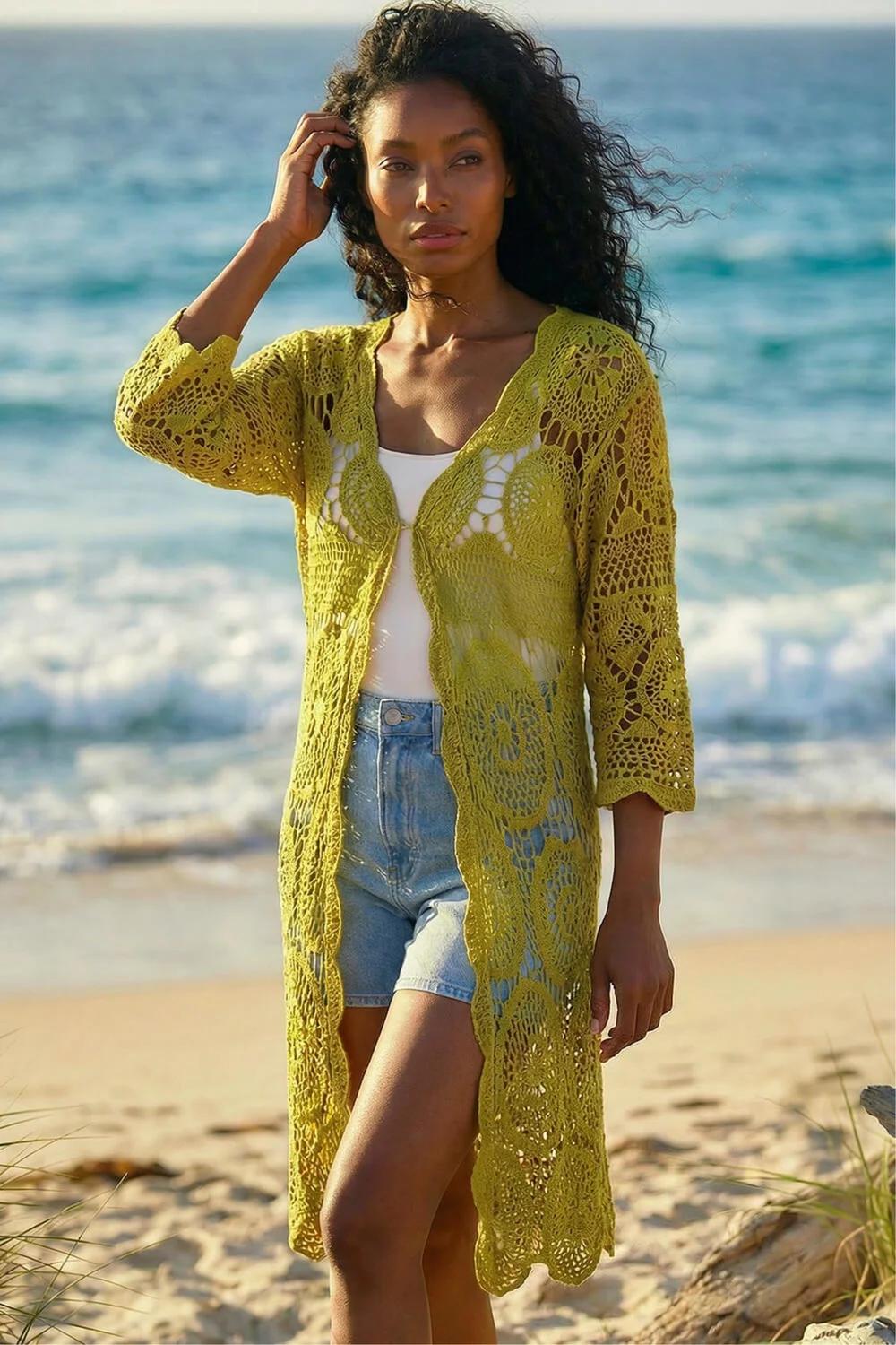 Roman Olive Crochet Longline Knit Cardigan - XL Image 2