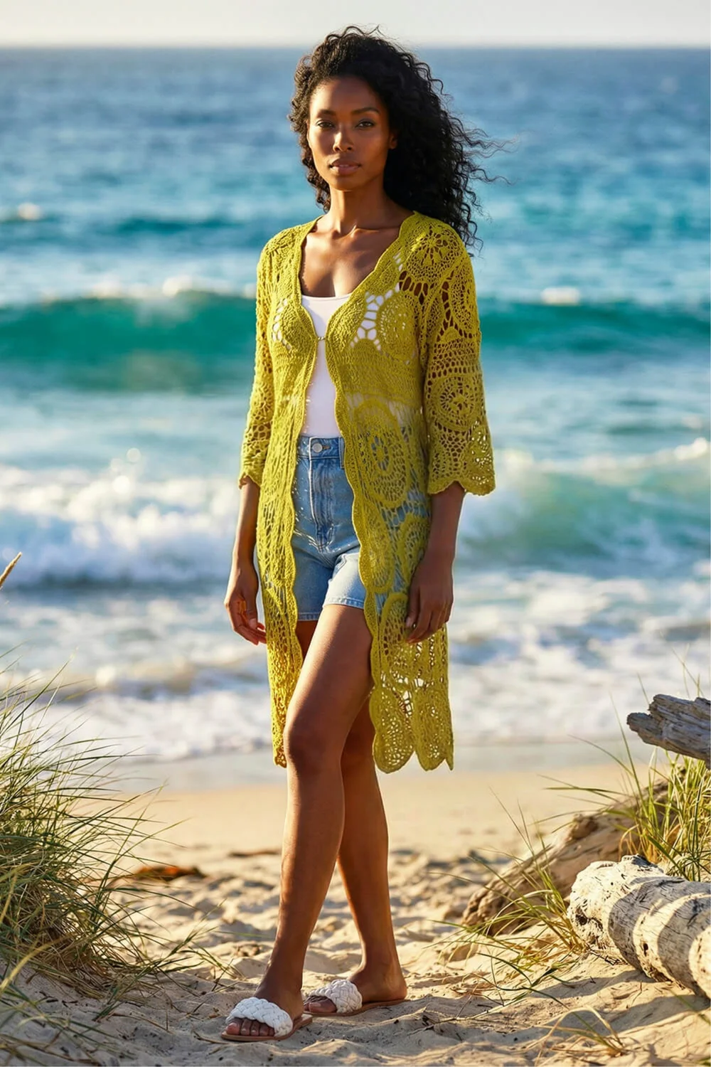 Roman Olive Crochet Longline Knit Cardigan - XL Image 1