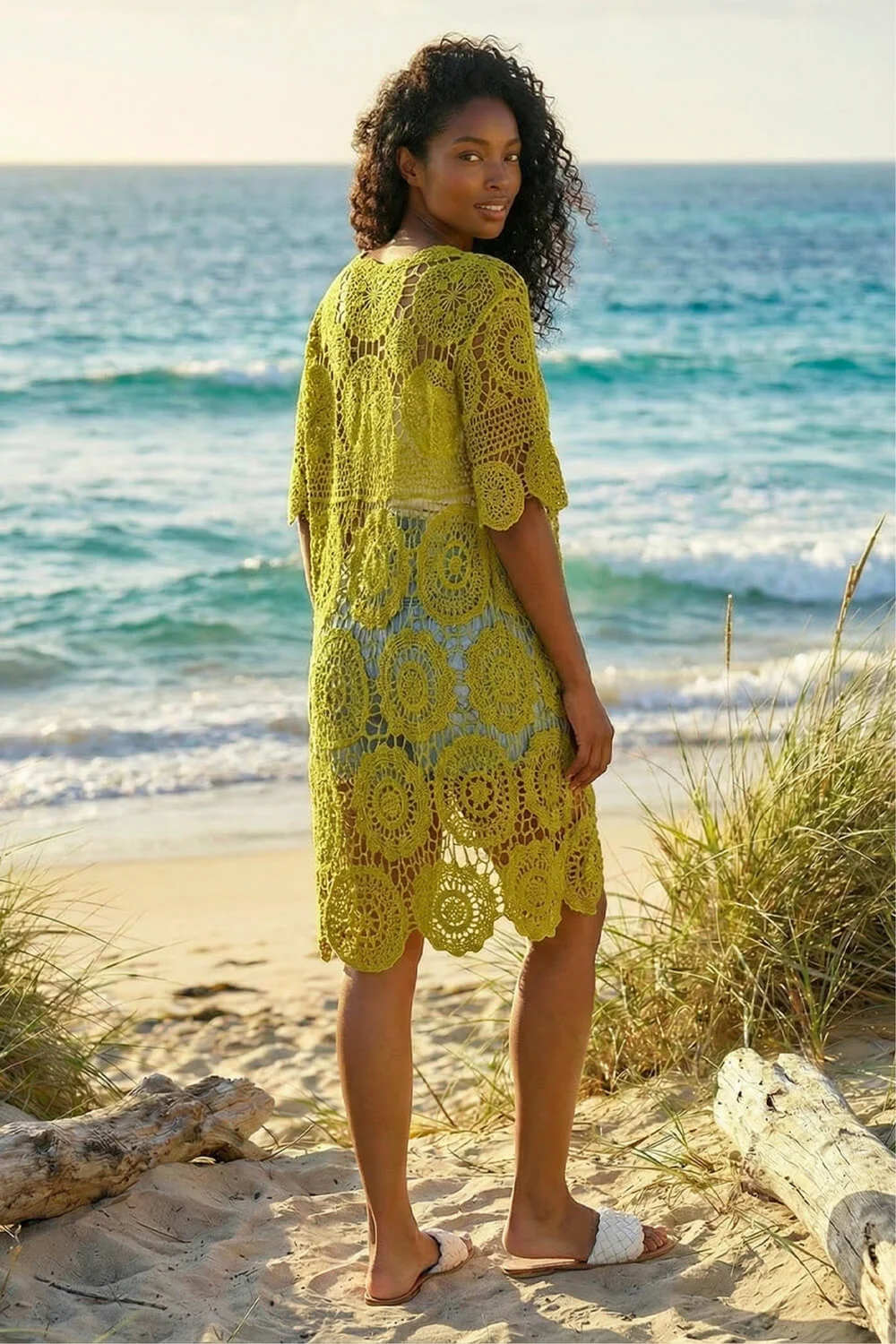 Roman Olive Crochet Longline Knit Cardigan - XL Image 3