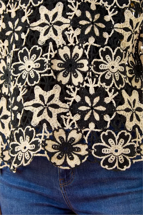 Roman Black Floral Crochet Knit Top - M Image 4