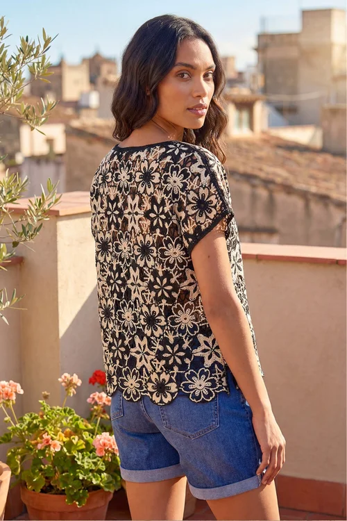 Roman Black Floral Crochet Knit Top - M Image 2