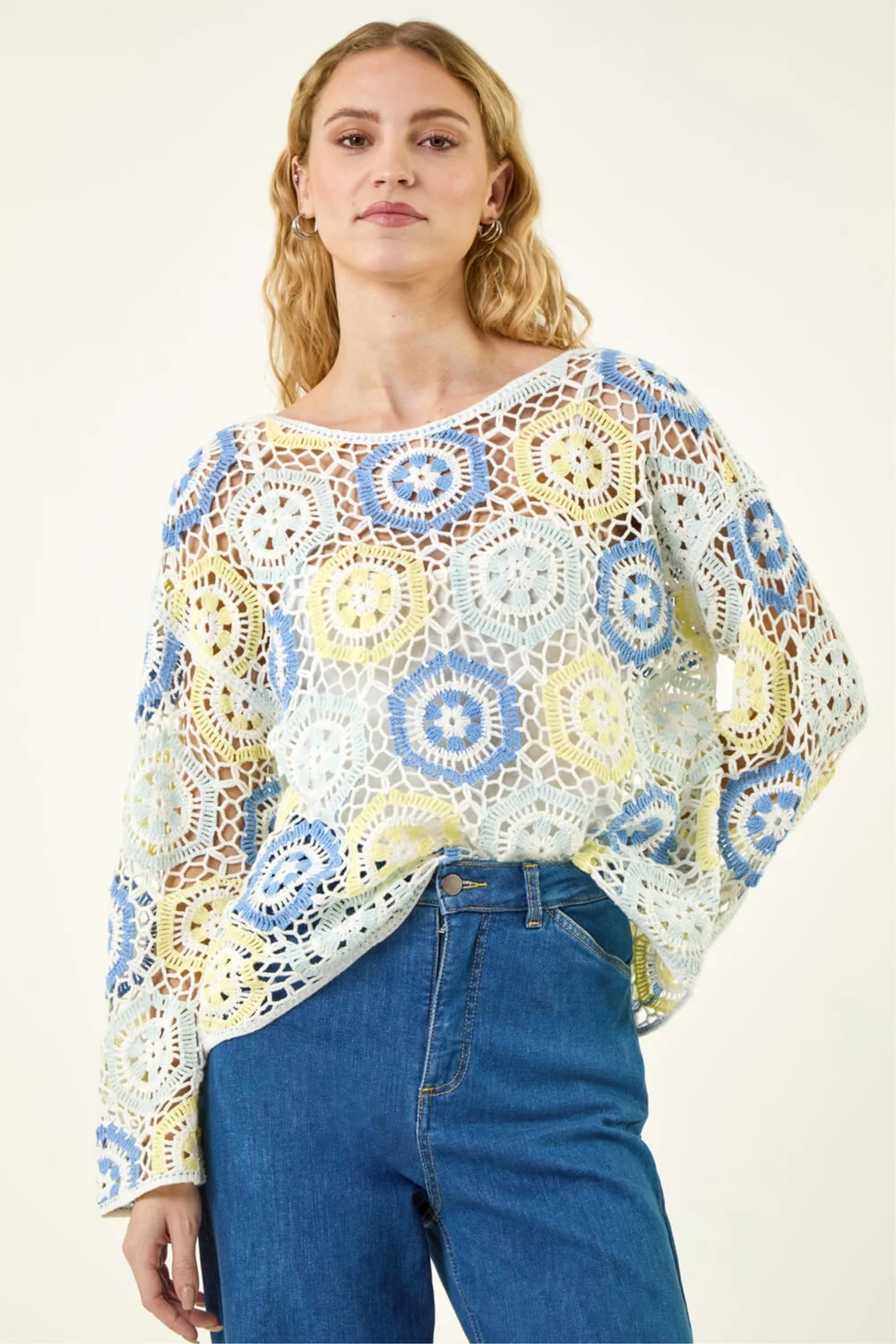 Roman Light Blue Floral Crochet Knit Top - L Image 4