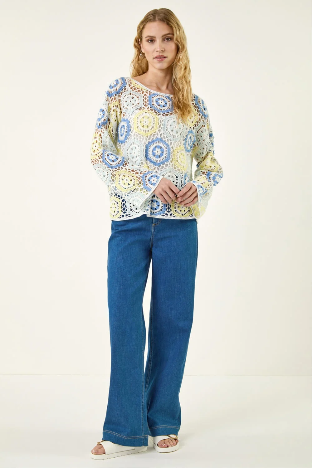 Roman Light Blue Floral Crochet Knit Top - L Image 2