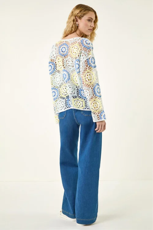 Roman Light Blue Floral Crochet Knit Top - L Image 3