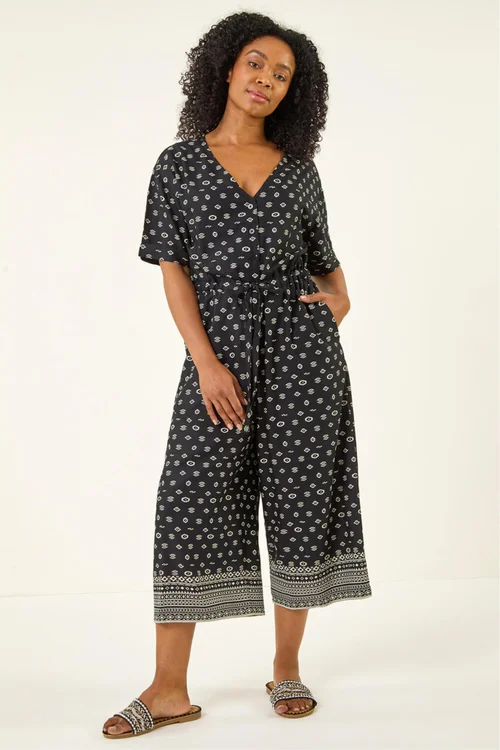 Roman Black Petite Border Print Cropped Jumpsuit - 8 Image 2