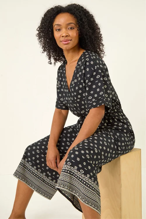 Roman Black Petite Border Print Cropped Jumpsuit - 8 Image 1