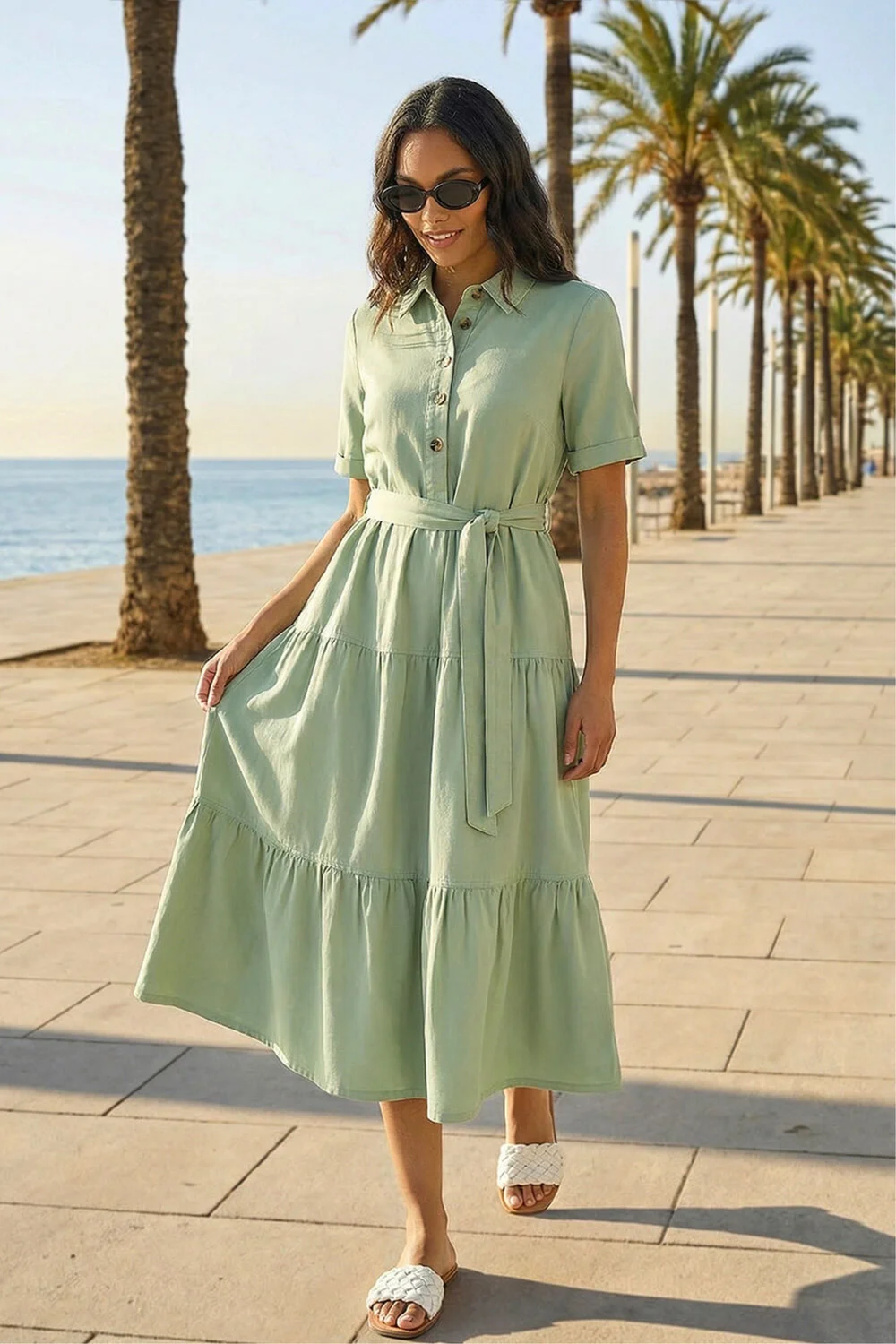 Roman Sage Button Detail Tiered Midi Dress - 20 Image 1