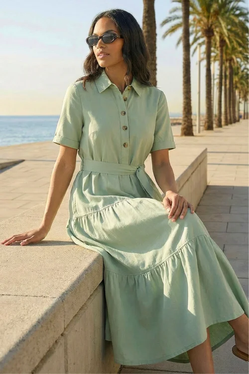 Roman Sage Button Detail Tiered Midi Dress - 20 Image 2