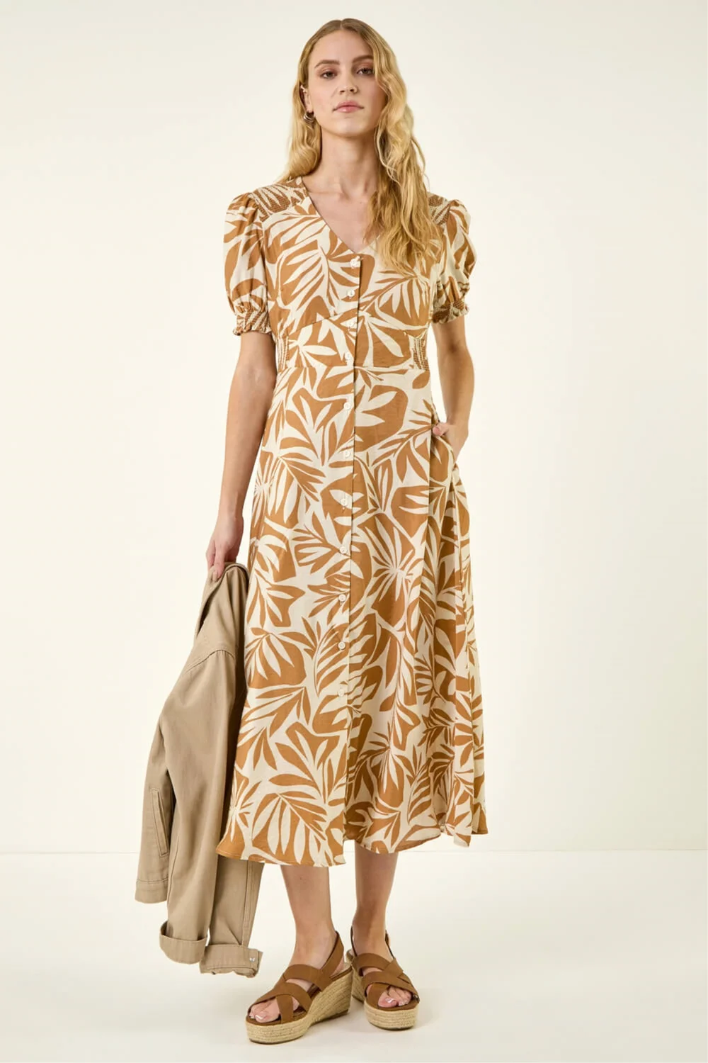 Roman Camel Abstract Print Button Midi Dress - 12 Image 2