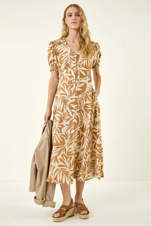 Roman Camel Abstract Print Button Midi Dress - 12 Image 2
