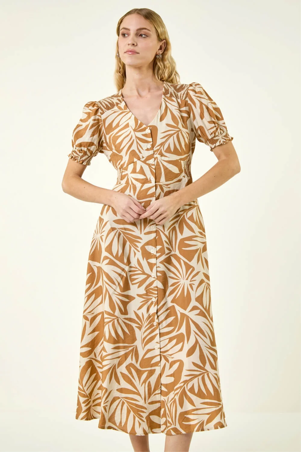 Roman Camel Abstract Print Button Midi Dress - 12 Image 4